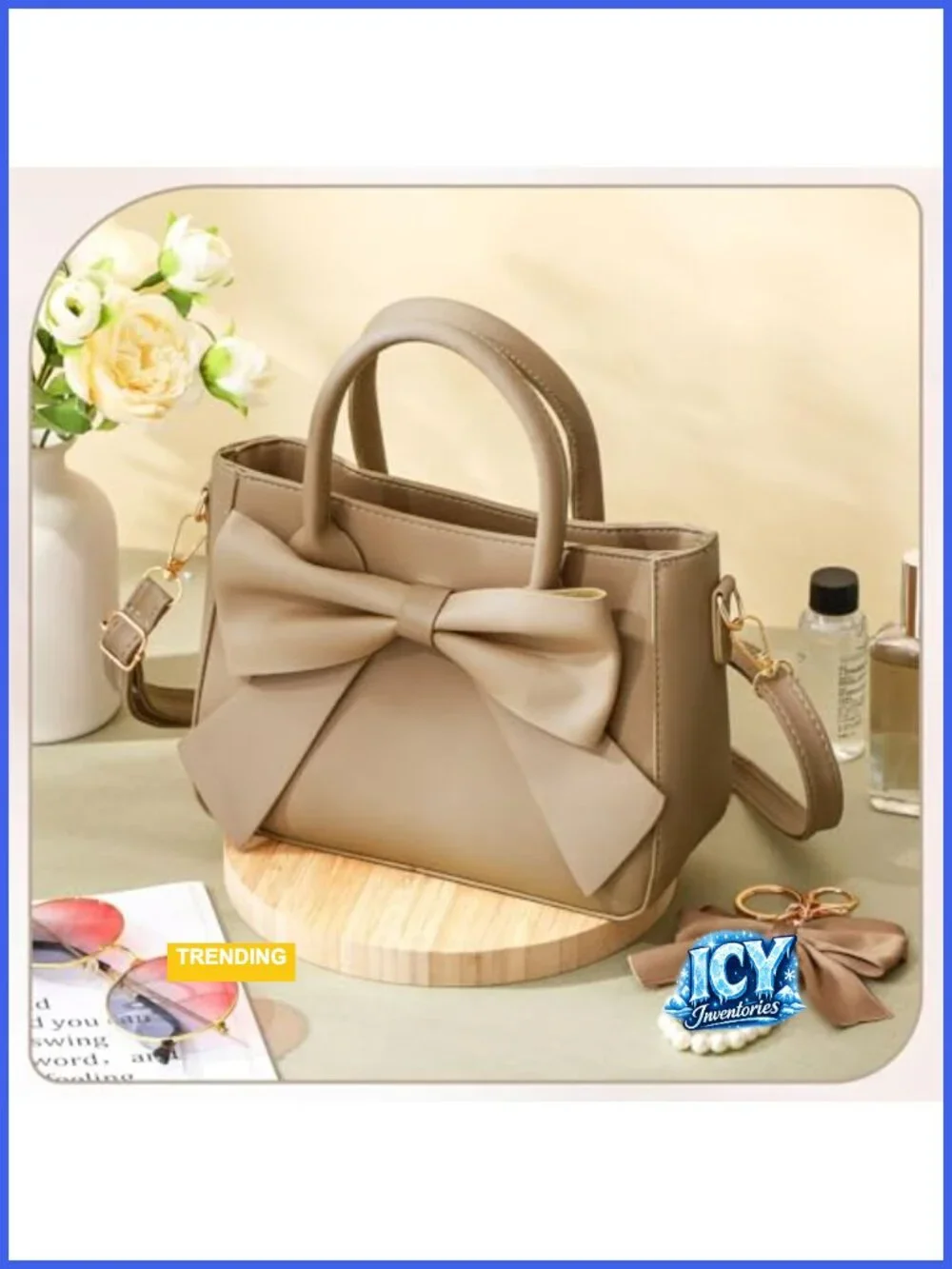 Leather Crossbody Bag with Bow Pendant Adjustable Strap Purse Women Gift